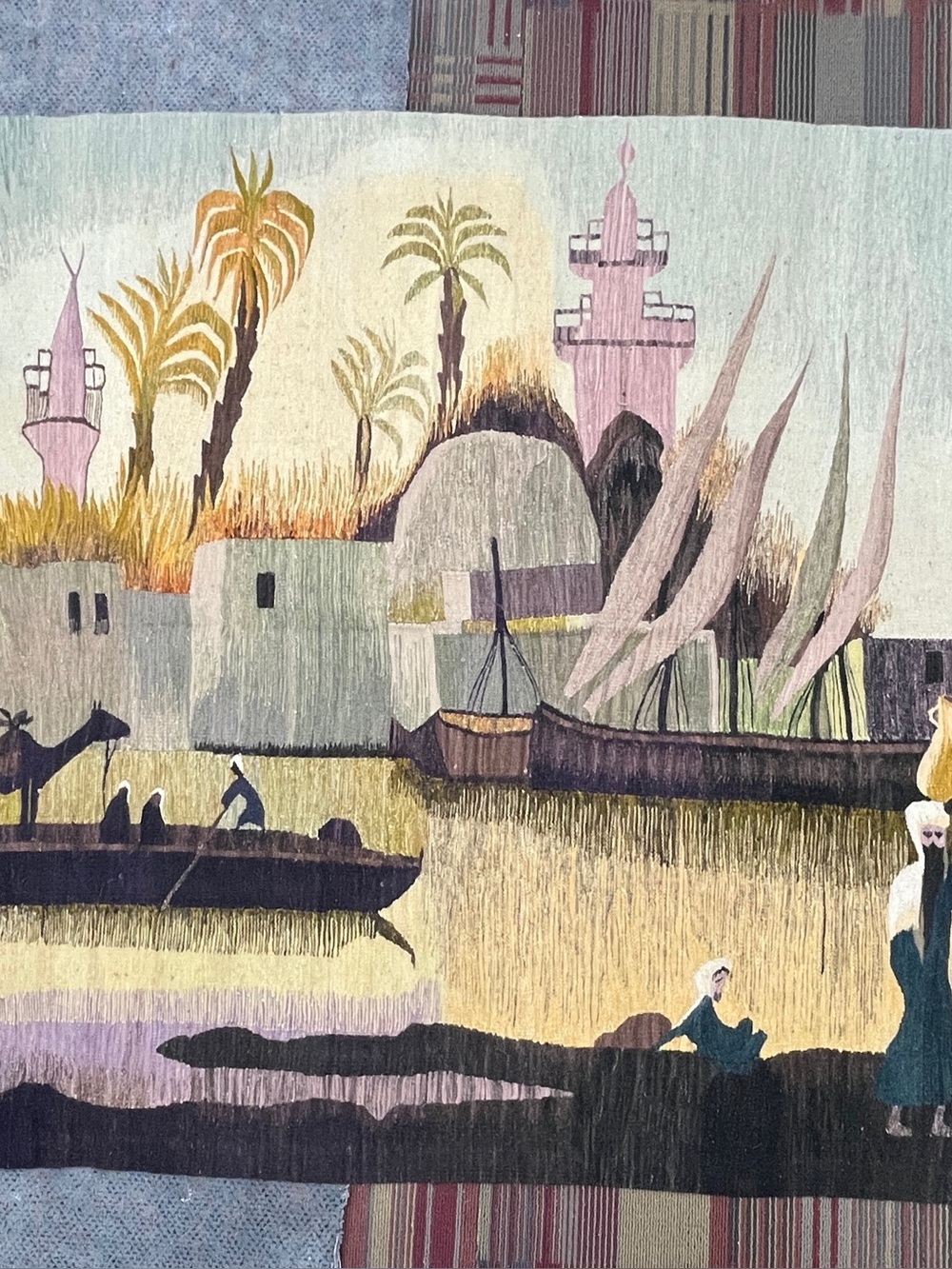 Handwoven Scenic Tapestry Wall Decor in Pastel Greens and Pinks 58x82”